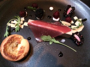 Duck liver SPQR in a blackberry gelee with coconut shavings