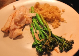 baked sole and broccoli, in a tamari glaze